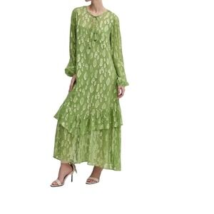 Never Fully Dressed Green Jacquard Harmoony Gold Metallic Tiered Maxi Dress 4P